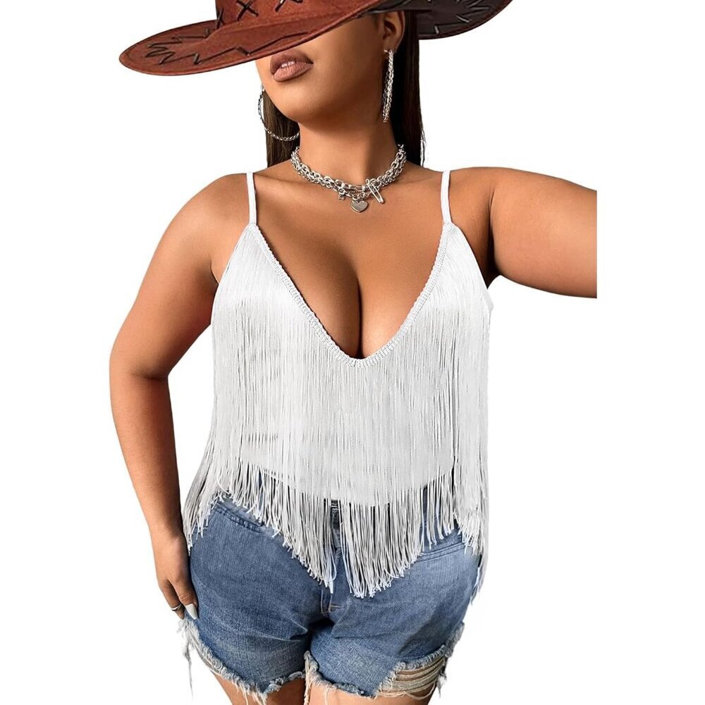 Plus Size Fringe Top Boho Tassel Hem Tank Western Country Festival